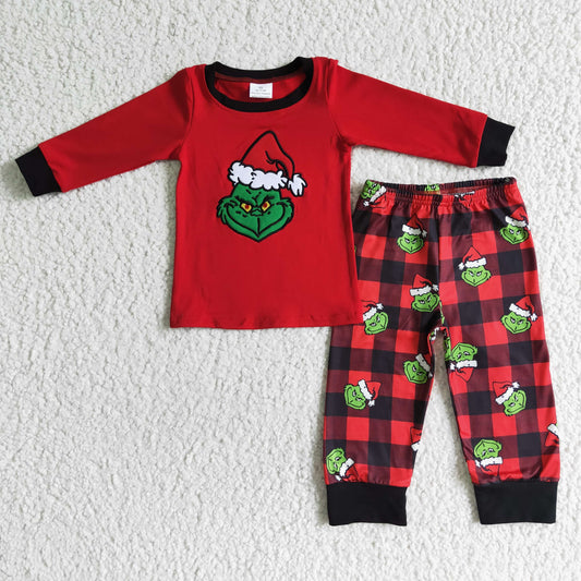 6 B9-38 Christmas Green Face Red Long Sleeve Checkered Pants Boys Pajamas