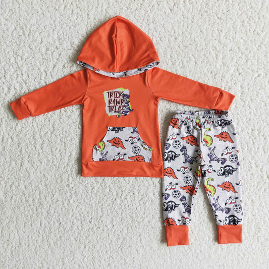 6 B9-4 Halloween trick dinosaur orange hoodie boys set