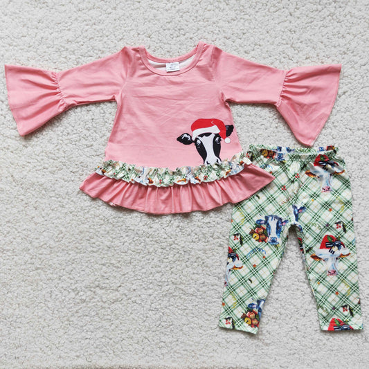 6 C10-30 Christmas cow pink long sleeve green checkered pants girls set