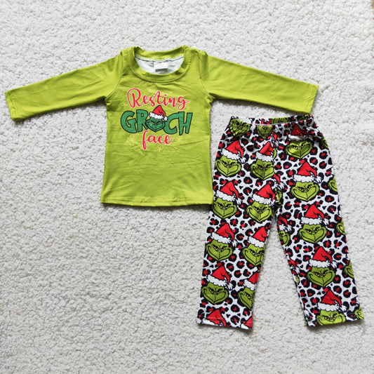 6 C10-37 Christmas green face long sleeve leopard pants kids set