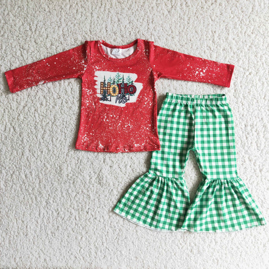 6 C10-9 Ho HO Christmas tree red long sleeve green checkered pants girls set