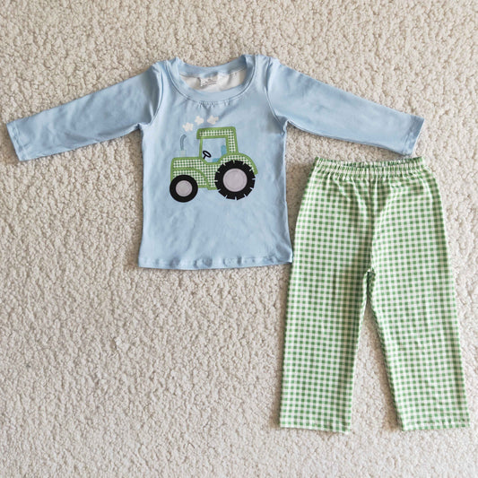 6 C11-19 Cool Truck Boys Blue Long Sleeve Plaid Pant Set
