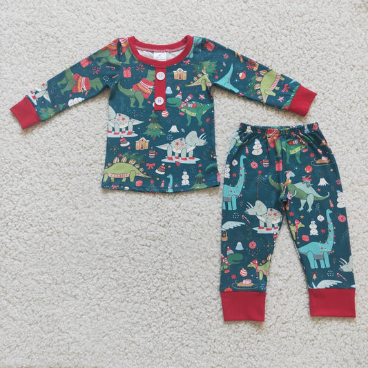 6 C11-40 Christmas Dinosaur Green Long Sleeve Pants Boys Pajamas
