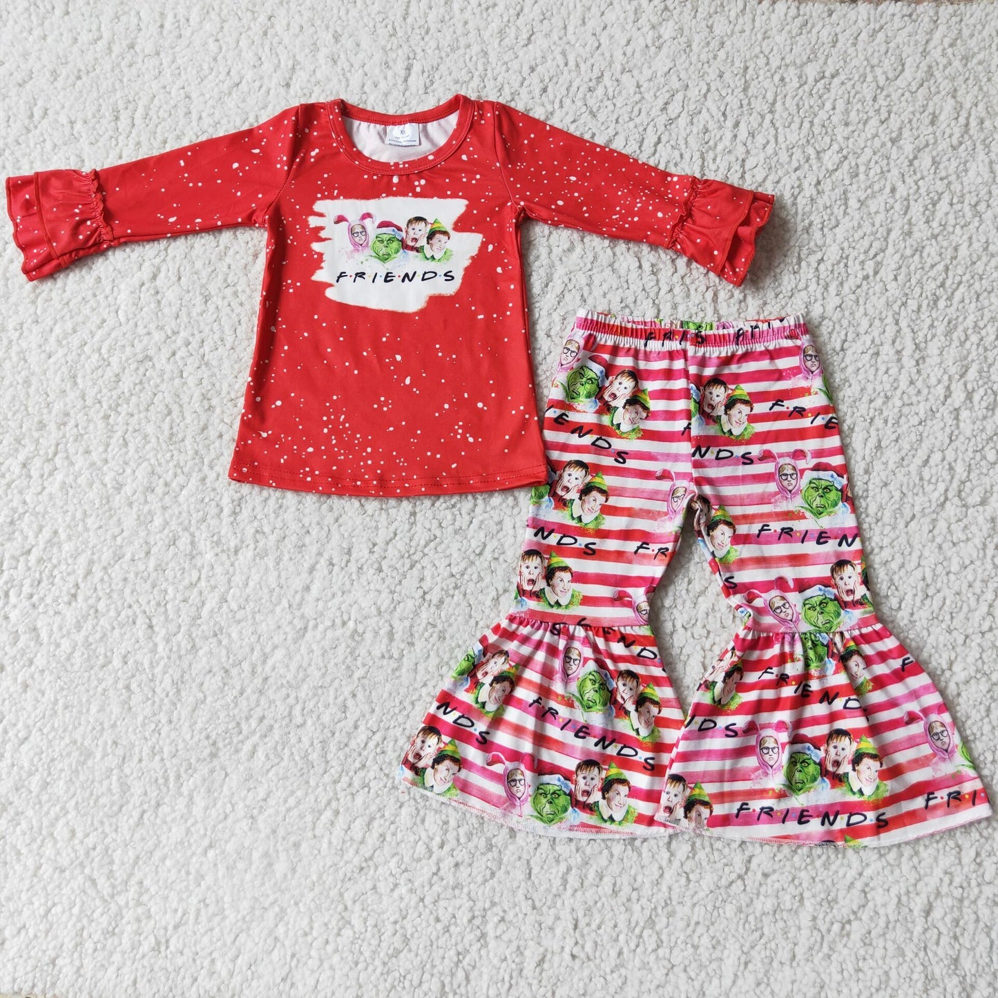 6 C6-17 Christmas friends green face red long sleeve striped pants girls set