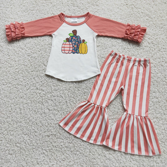 6 C6-21 Pumpkin pink long sleeve striped pants girls set