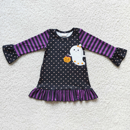 6 C6-22 Halloween pumpkin spooky black & purple dot long sleeve girls dress