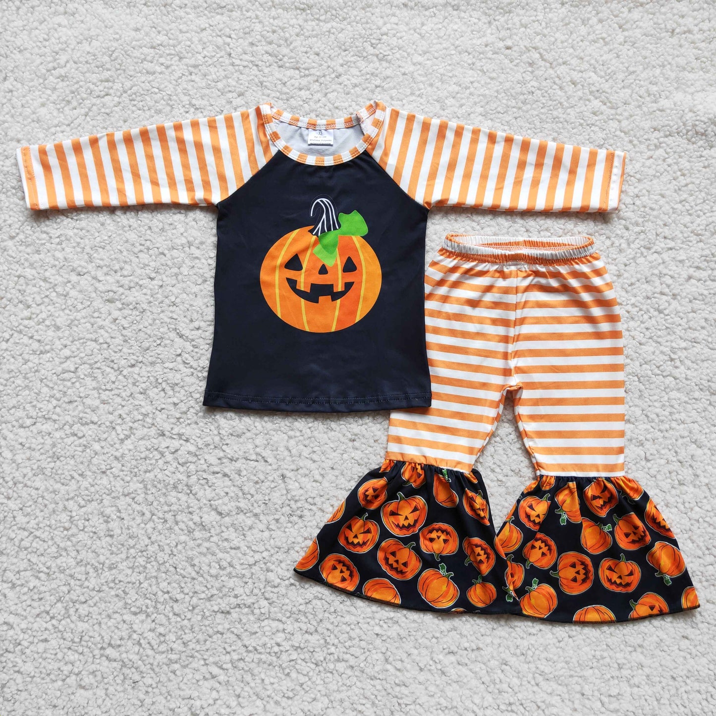 6 C6-23 Halloween pumpkin orange striped top pants girls set