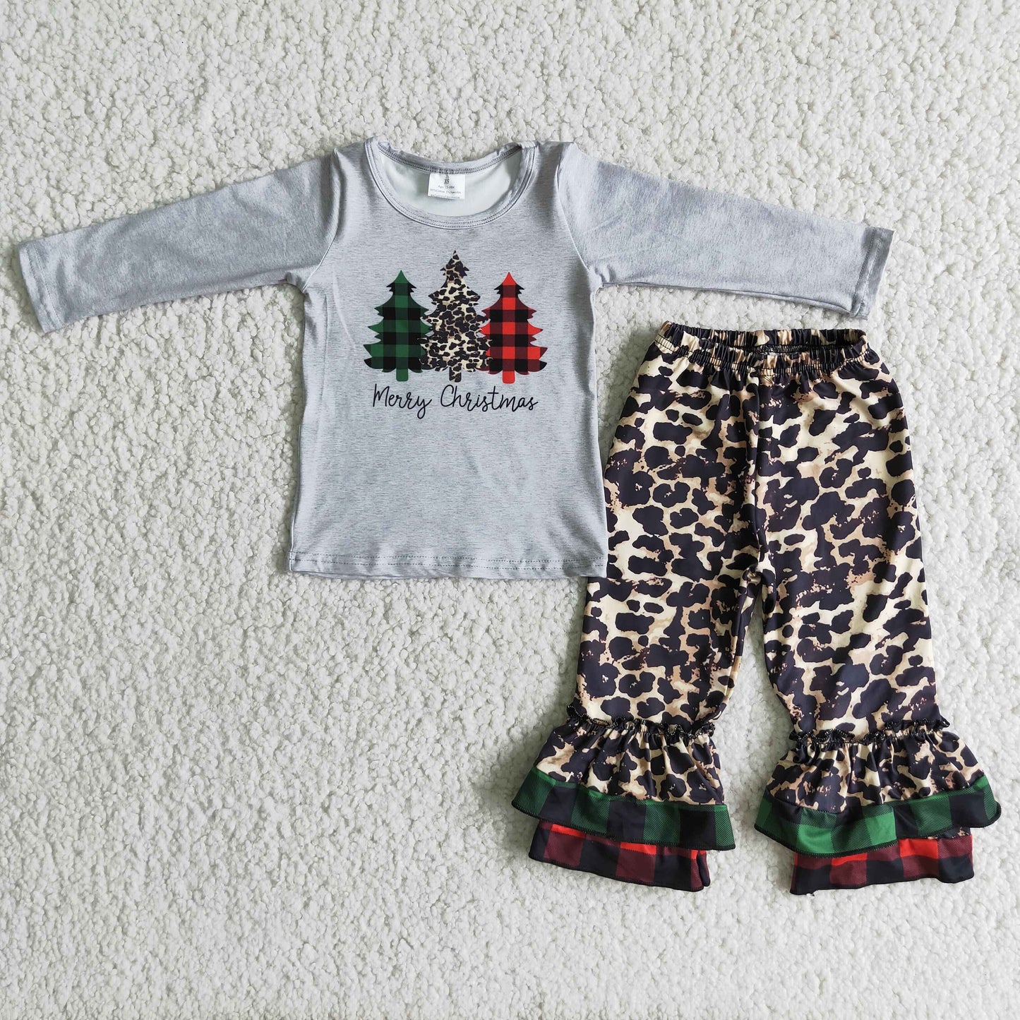 6 C6-38 Baby Girls Long Sleeve Merry Christmas Leopard Pants Kids Outfits