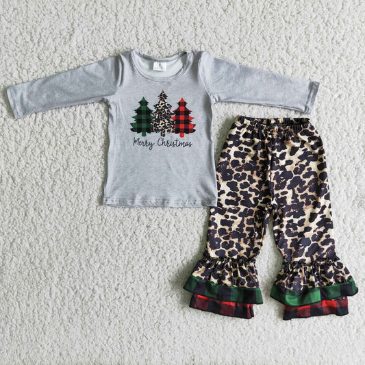 6 C6-38 Baby Girls Long Sleeve Merry Christmas Leopard Pants Kids Outfits