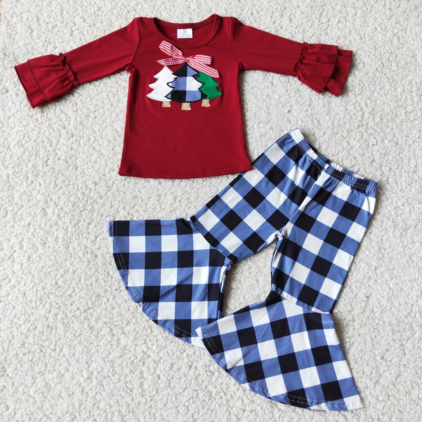 6 C6-40 Christmas tree red long sleeve blue checkered pants girls set