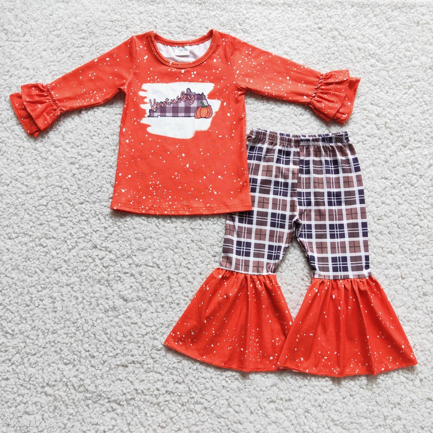6 C7-18 Orange pumpkin long sleeve checkered pants girls set