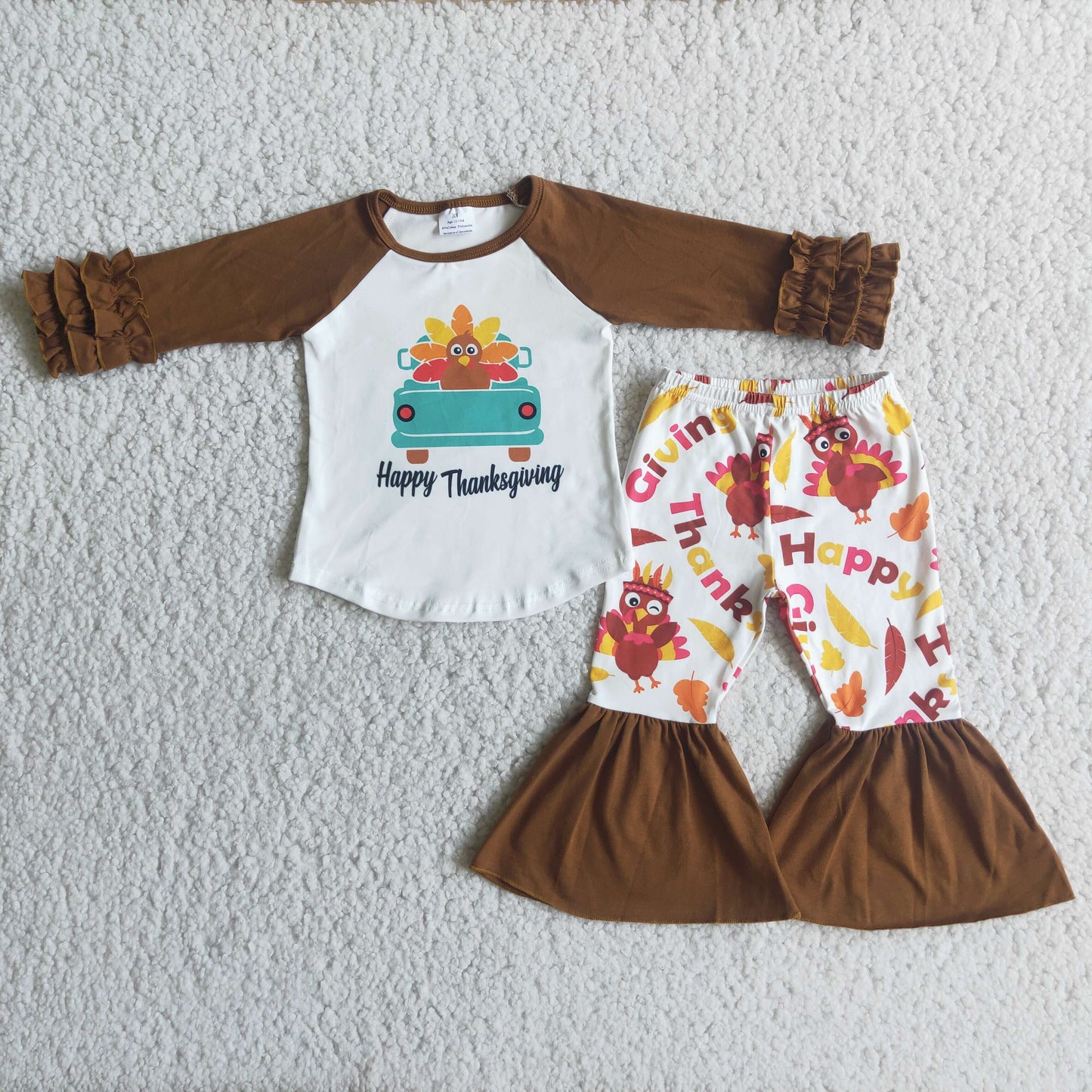 6 C8-16 Happy thanksgiving turkey long sleeve pants girls set