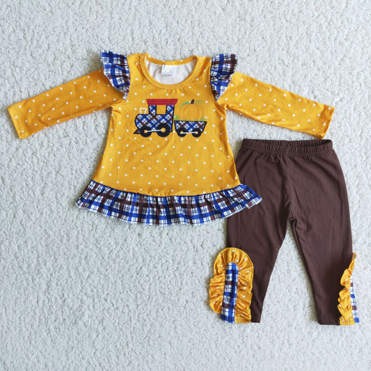 6 C8-20 Pumpkin truck yellow long sleeve brown pants girls set