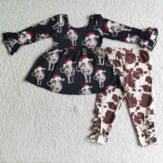 6 C9-21 Christmas cow black long sleeve brown ink pattern pants girls set