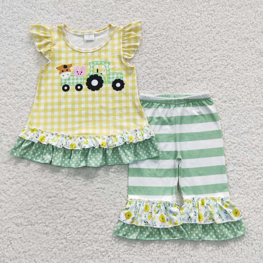 D9-12 Farm Truck Flutter Green Striped Print Girls Outfits