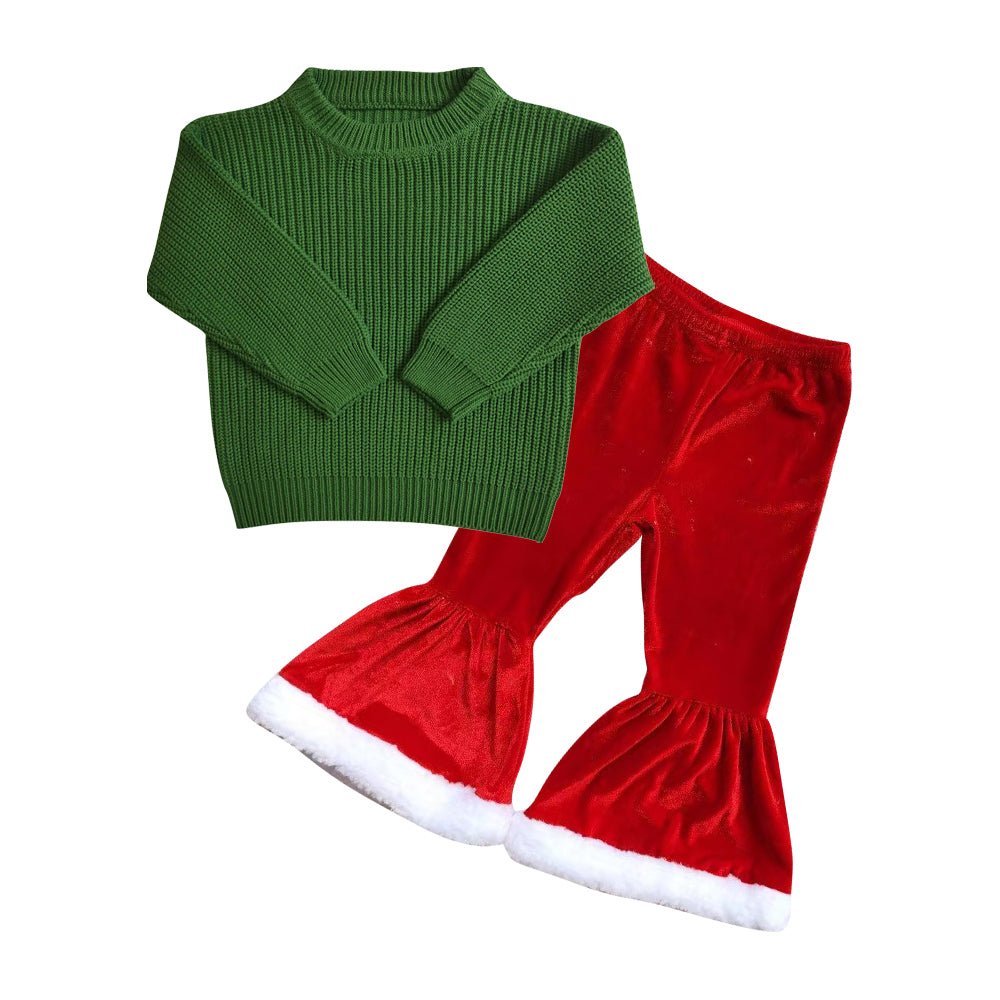 GLP0832 Green sweater long sleeve red velvet pants girls set