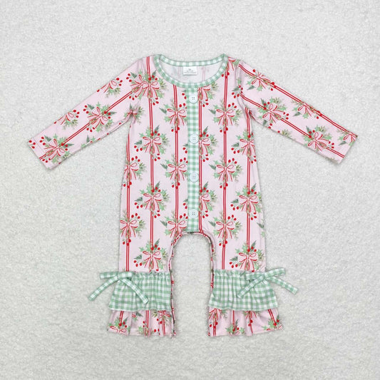 LR1544 Christmas holly berry pink bows long sleeve girls romper