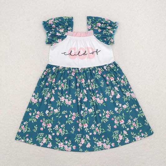 GSD1388 GOD green flowers short sleeve girls dress