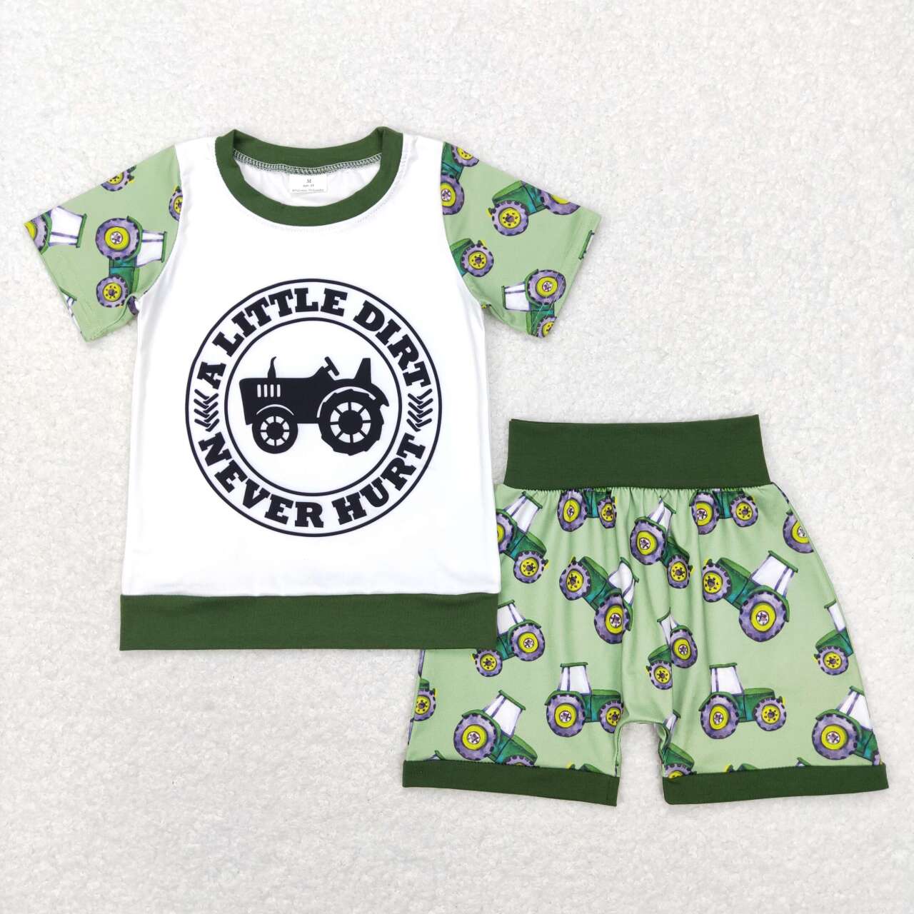 BSSO0328 A little dirt tractor short sleeve green shorts boys set