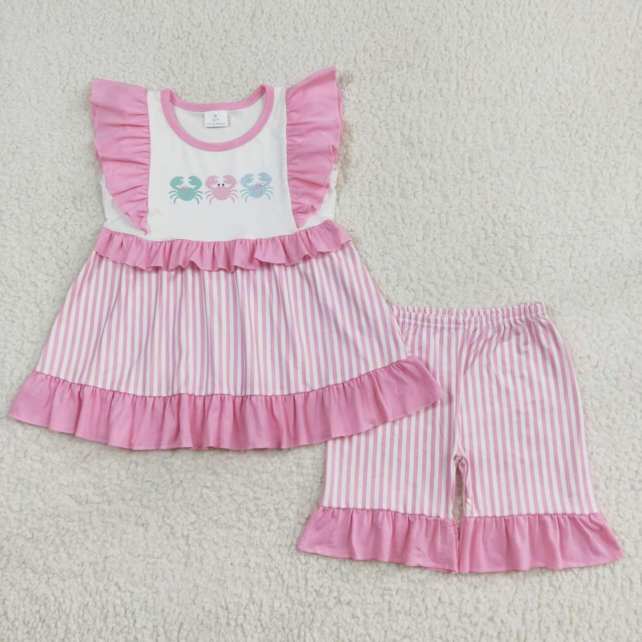 GSSO1258 cute crab pink flutter sleeve striped shorts girls set