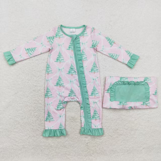 LR1073 bamboo Christmas green tree pink long sleeve girls zipper romper