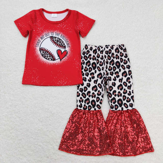 GSPO0011 Red Bleach Baseball Leopard Print Sequin Pants Kids Set