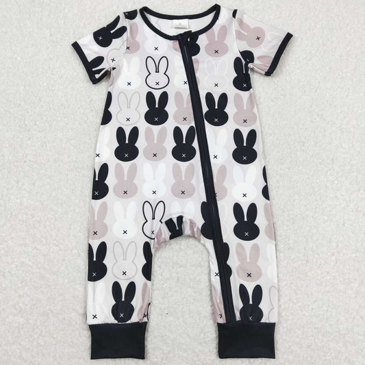 SR1012 Easter Black Rabbit Short Sleeve Zipper Boys Romper