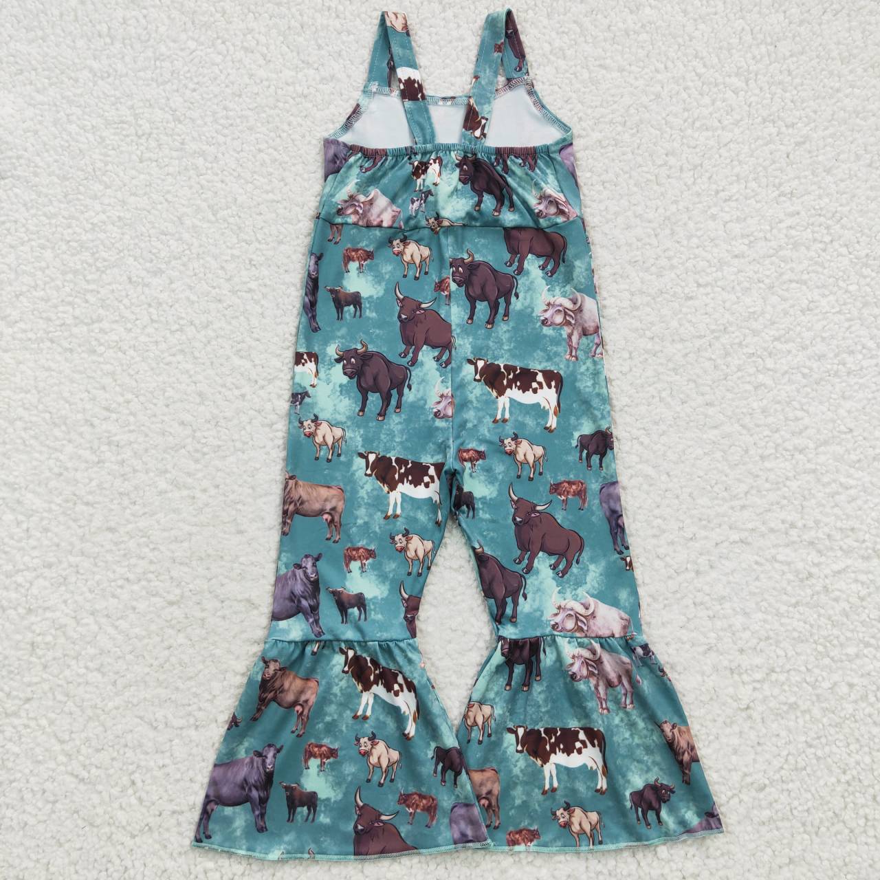 SR0371 Animals Cow Blue Sleeveless Kids Summer Jumpsuits