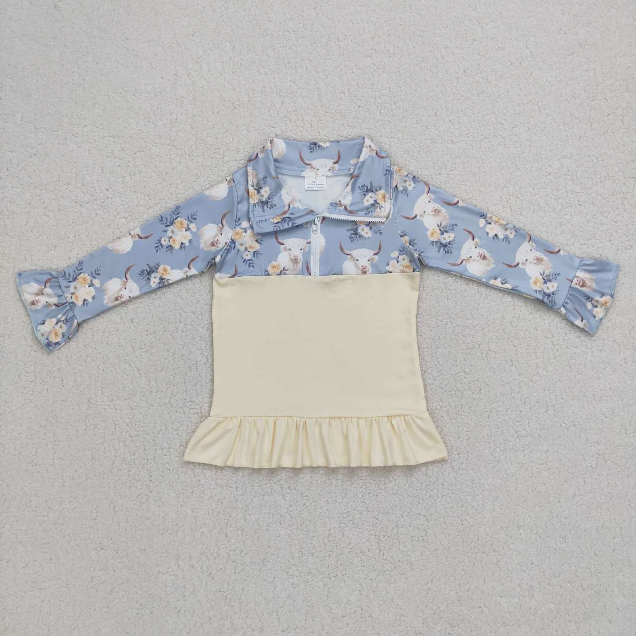 GT0301 White highland cow flowers blue long sleeve girls top