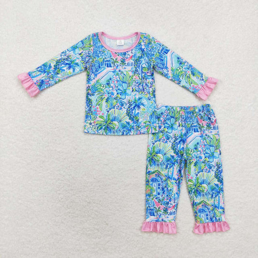 GLP1481 bamboo colorful house flowers blue print long sleeve pants girls pajamas