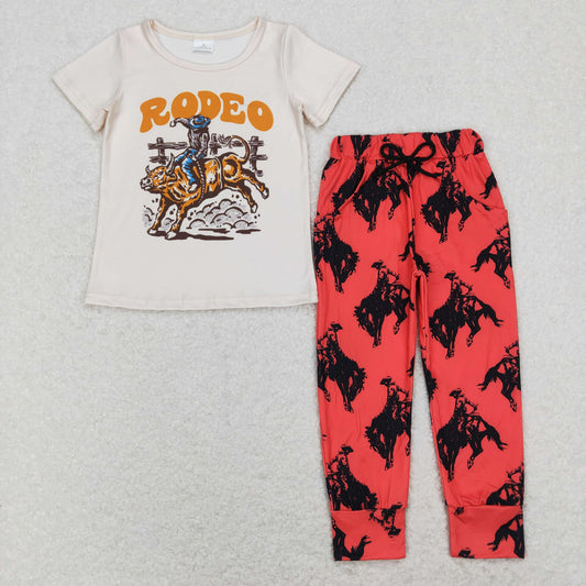 BSPO0307 Western Rodeo Short Sleeve Red Pockets Pants Boys Set