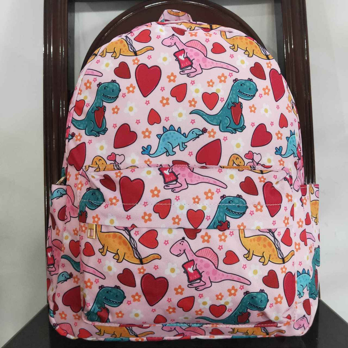 BA0154 Colorful dinosaur pink heart kids bag