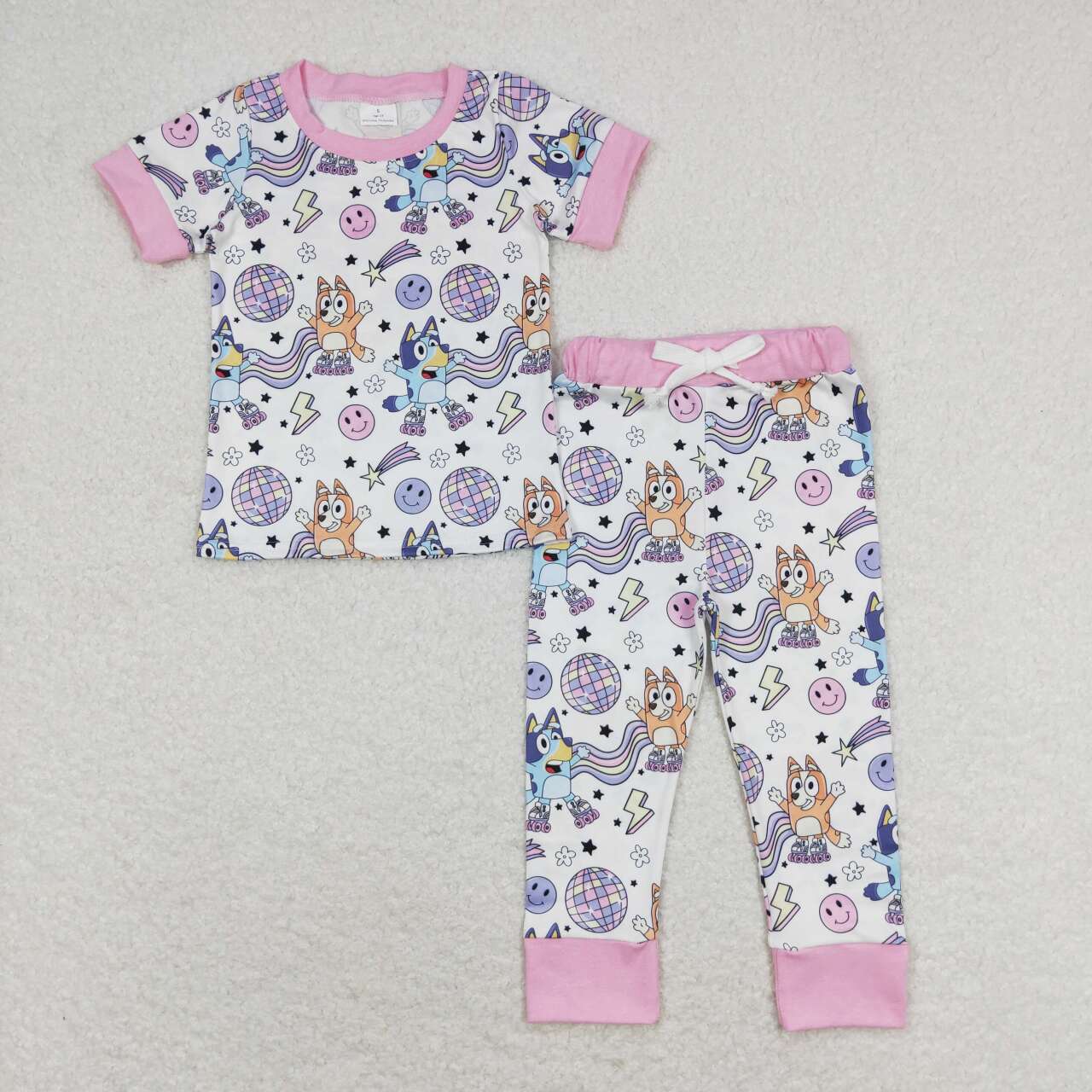 GSPO1508 cartoon blue dog smile rainbow hot pink short sleeve pants girls pajamas