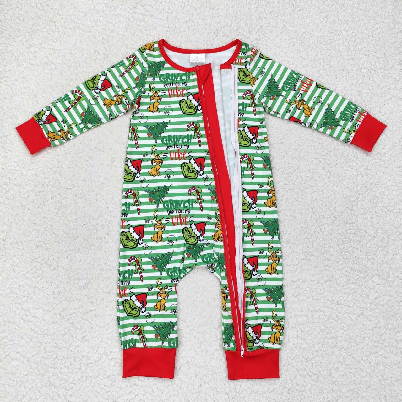 LR1055 Christmas green face green striped long sleeve boys romper