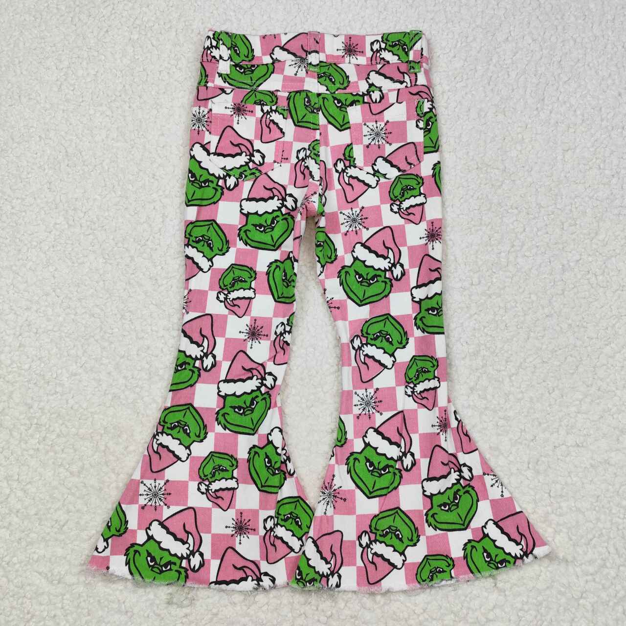 P0483 Christmas green face pink checkered denim pants girls jeans