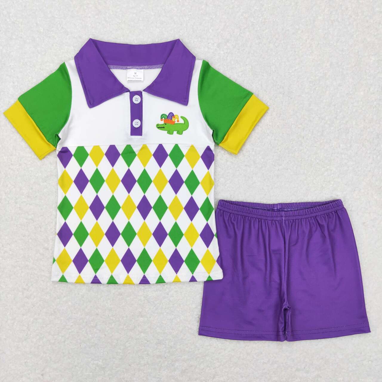 BSSO0311 Mardi gras green short sleeve purple shorts boys set