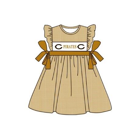 custom style PIRATES golden checkered flutter sleeve girls bows dress