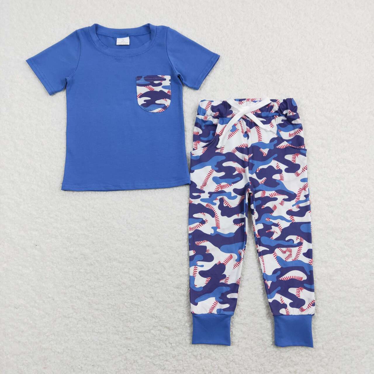 BSPO0170 Baseball print blue pocket short sleeve pants boys set