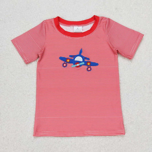 BT0594 embroidery Blue Plane Red Striped Short Sleeve Boys Top