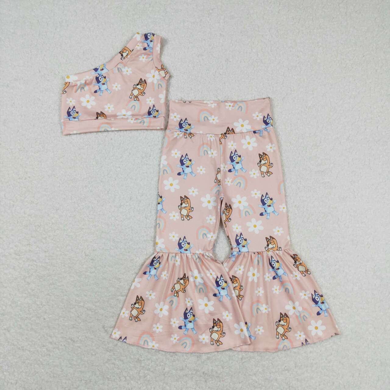 GSPO1536 blue and orange cartoon dog flowers one-sleeve pants girls set