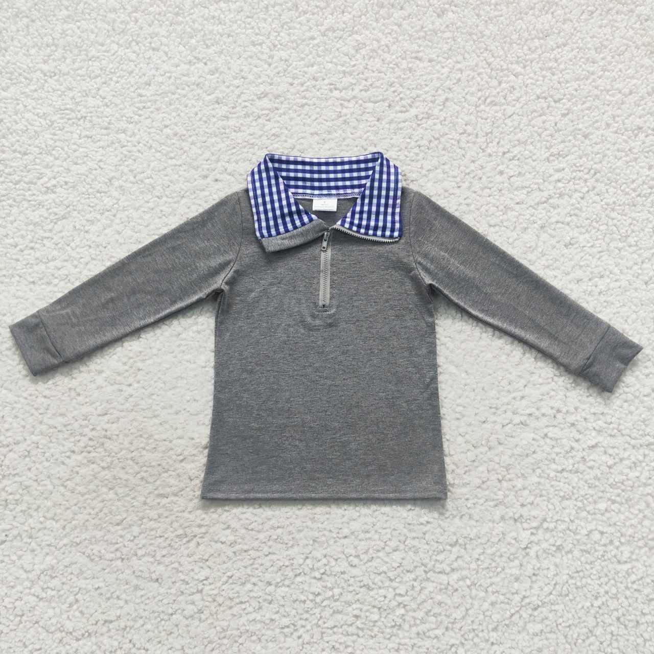 New arrival BT0285 Blue plaid grey long sleeve boys top