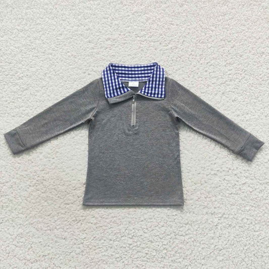 New arrival BT0285 Blue plaid grey long sleeve boys top