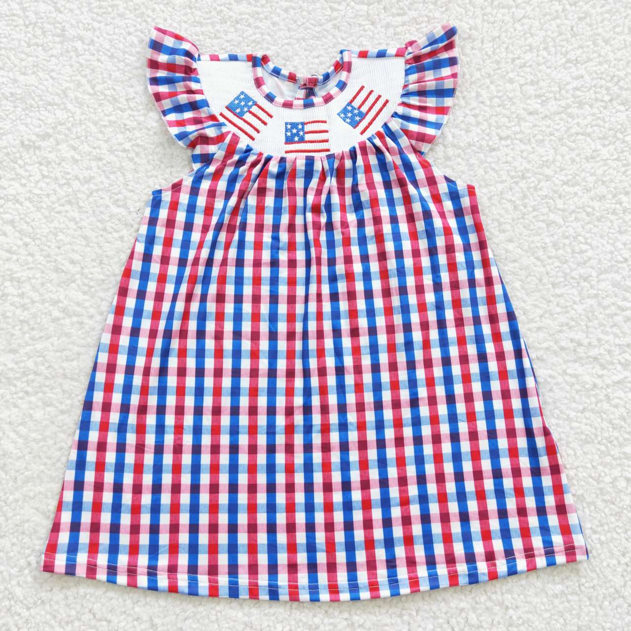 GSD0387 4th of July Embroidery National Flag Blue & Red Cell Flutter Sleeves Dress