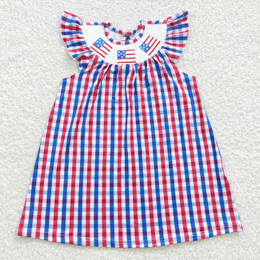 GSD0387 4th of July Embroidery National Flag Blue & Red Cell Flutter Sleeves Dress