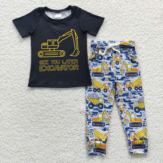 BSPO0132 Excavator black short sleeve blue pants boys set kids clothes