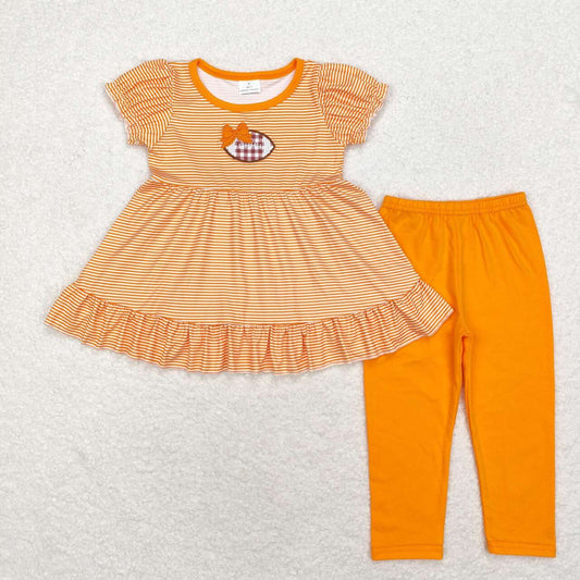 GSPO1674 embroidery football orange striped short sleeve orange pants girls set