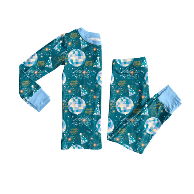 Custom moq 20 bamboo happy new year firework light blue long sleeve pants boys pajamas