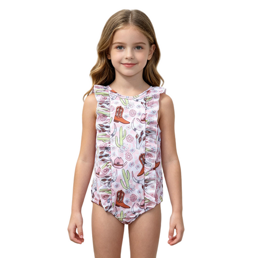 S0111 Western Cactus Boots & Hat Flower Girls Bathing Suits Swimsuits