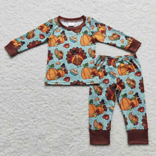 New arrival BLP0287 Thanksgiving turkey pumpkin long sleeve pans boys pajamas