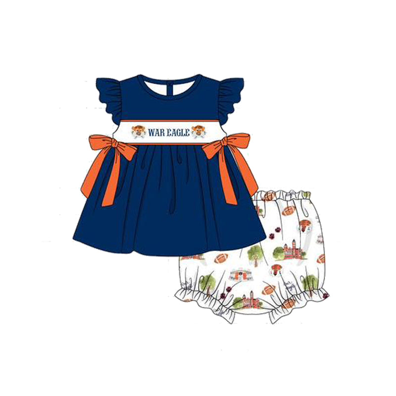 Custom Moq 3 Football Team War Eagle Navy Blue Flutter Sleeve Bows Girls Bummies Set